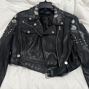 Bebe leather jacket, with floral art and studs
